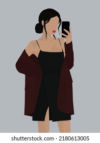 Vector flat image of a young girl in a small black dress with thin shoulder straps and a burgundy elongated jacket. Brunette with phone and red lips. Design for avatars, postcards, posters.