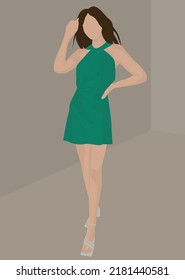 Vector flat image of a young girl in a summer dress at a party. Girl's cocktail outfit. A lady in a short turquoise dress and sandals. Design for postcards, avatars, posters, backgrounds, templates.