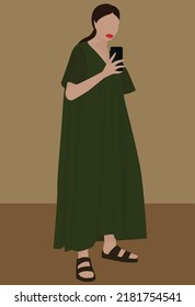 Imagen plana vectorial de una joven con un vestido de verano y sandalias. Una mujer con un vestido verde de cierre largo y labios rojos se hace un selfie. Diseño para avatar, afiches, fondos, plantillas, textiles.