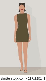 Vector flat image of a young girl in a short green dress and sandals. Lady with short hair. Design for postcards, avatars, posters, backgrounds, templates, textiles, banners.