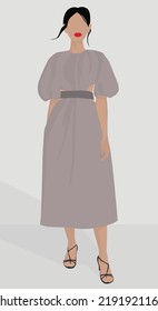 Imagen plana vectorial de una joven con labios rojos y pelo oscuro. Chica con un vestido midi y sandalias. Diseño para postales, avatares, fondos, plantillas, textiles, banners.