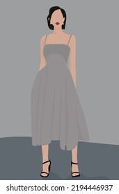 Imagen plana vectorial de una joven con un vestido midi gris. Una dama con el pelo oscuro corto en un vestido de verano y sandalias. Diseño para postales, avatares, carteles, fondos, plantillas, textiles.