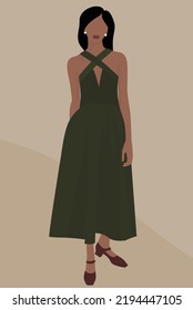 Imagen plana vectorial de una joven con un hermoso vestido verde y zapatos. Hermosa dama con un vestido. Diseño para postales, avatares, afiches, fondos, plantillas, textiles, banners.