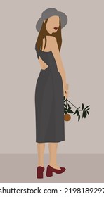 Vector flat image of a young girl in a midi dress and bright shoes. A girl in a hat holds a sprig with a lemon. Design for postcards, avatars, posters, backgrounds, templates, textiles, banners.