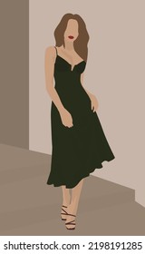 Imagen plana vectorial de una joven con el pelo largo en un vestido. Mujer de cabello marrón con un vestido verde de verano. Diseño para postales, avatares, afiches, fondos, plantillas, textiles, banners.