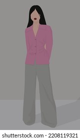 Vector flat image of a young girl with long hair. Brown-haired woman in a purple jacket and gray pants. Design for postcards, avatars, posters, backgrounds, templates, textiles, banners.