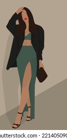 Imagen vectorial plana de una joven en la parte superior, falda, chaqueta, sandalias y con una bolsa. Una niña con un traje de verano. Diseño para postales, avatares, afiches, fondos, plantillas, banners, textiles.