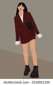 Imagen vectorial plana de una joven con una chaqueta, camisa y botas. Chica de cabello oscuro con un vestido elegante. Diseño para postales, avatares, afiches, fondos, plantillas, banners, textiles.