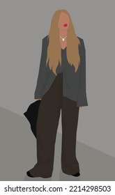 Vector flat image of a young girl in a gray shirt and oversized dark pants. Beautiful blonde girl with a dark bag. Design for avatars, posters, backgrounds, templates, banners.