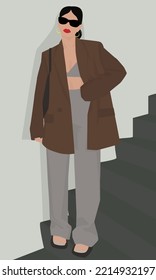 Vector flat image of a young girl in a jacket, pants, top, sandals. Lady with a bag. Nice girl on the steps. Design for cards, avatars, posters, backgrounds, templates, banners.