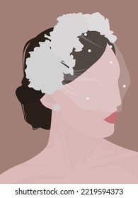 Vector flat image of a young girl with brown hair. A girl with a headband and a veil. Design for postcards, avatars, posters, backgrounds, templates, banners, textiles.