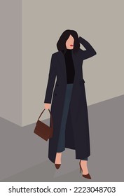 Vector flat image of a young girl in a long coat. Lady in a sweater, pants, shoes with a bag. Dark-haired girl. Design for cards, avatars, posters, backgrounds, templates, banners.