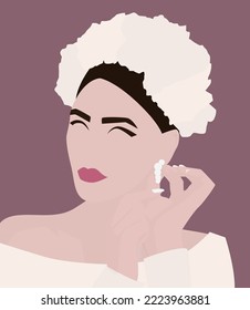 Imagen vectorial plana de una joven con un vestido blanco y una corona. La chica se fija los pendientes. Diseño para tarjetas, avatares, carteles, fondos, plantillas, carteles, textiles, retratos.