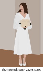 Vector flat image of a young girl with brown hair. Lady in a white midi dress and shoes. Girl with a bouquet. Design for postcards, avatars, posters, templates, textiles, banners.