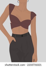 Vector flat image of a young girl with silver earrings. Lady in a beautiful top and gray trousers. Design for avatars, posters, backgrounds, templates, banners, textiles.