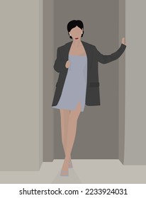 Imagen plana vectorial de una joven de cabello oscuro. Una mujer con un vestido ligero y corto, una larga chaqueta gris y sandalias. Diseño para avatares, carteles, fondos, plantillas, carteles, textiles.