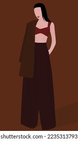 Imagen plana vectorial de una joven. Brunette en la parte superior y traje. Chica con ropa hermosa y moderna. Diseño para avatares, carteles, fondos, plantillas, carteles, textiles.