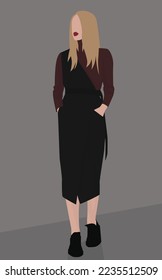Imagen plana vectorial de una joven. Rubia en un suéter borgoñoso, sudadera negra y zapatillas. Diseño para postales, avatares, afiches, fondos, plantillas, banners, textiles.