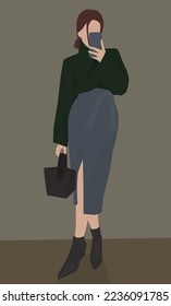 Vector flat image of a young girl with a phone. A lady in a green knitted sweater, a denim skirt, boots and a bag. Design for avatars, posters, backgrounds, templates, banners, textiles.