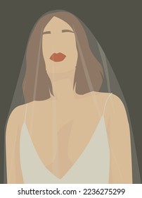 Vektorflaches Bild eines jungen Mädchens mit roten Akzenten. Ein Mädchen in einem weißen Kleid mit einer tiefen Halskette und einem Schleier. Design für Avatare, Poster, Hintergründe, Vorlagen, Banner, Textilien