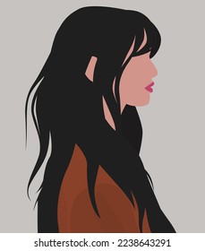 Vektorflaches Bild eines jungen Mädchens in Profil. Dame mit dunklem, langes Haar und Knaben. Design für Avatare, Poster, Hintergründe, Vorlagen, Textilien, Banner, Postkarten.