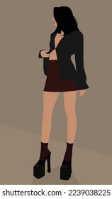 Vektorflaches Bild eines jungen Mädchens. Eine Frau in sexy Kleidung: ein kurzer Rock, eine Bluse mit Ausschnitt und hohen Sandalen. Design für Karten, Avatare, Poster, Hintergründe, Vorlagen, Banner.