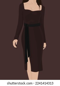 Vector flat image of a young girl in a maroon dress with a dark belt. Attractive girl with dark manicure. Design for avatars, posters, backgrounds, templates, banners, textiles.