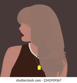 Vektorflaches Bild eines jungen Mädchens mit blondem, langes Haar. Eine Dame in einem braunen T-Shirt mit Ketten um den Hals. Design für Avatare, Poster, Hintergründe, Vorlagen, Banner, Textilien.