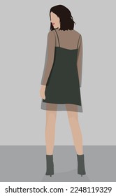Vector flat image of a young girl in a green dress and boots. Girl with short hair standing with her back. Design for avatars, posters, backgrounds, templates, banners, textiles.