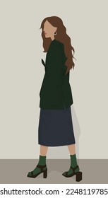 Vector flat image of a young girl in a green jacket, denim skirt, socks and sandals. Attractive brown-haired woman walking down the street. Design for avatars, posters, backgrounds, templates, banners