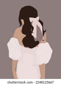 Vector flat image of a young girl in a wedding dress. A brown-haired woman with bows in her hair and a long light dress. Design for avatars, posters, backgrounds, templates, banners, textiles.