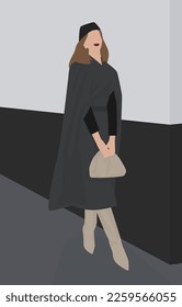 Vector flat image of a young girl with long hair in autumn-spring clothes. Lady in beret, coat, boots and bag. Design for postcards, avatars, posters, backgrounds, templates, banners.