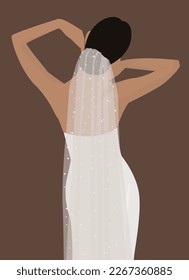 Vector flat image of a young girl in a white dress. Bride standing with her back in a long open dress and veil. Design for avatars, posters, backgrounds, templates, banners, textiles, postcards.