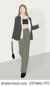 Vector flat image of a young girl with blond hair. A girl in a top, shirt, jacket, pants, boots and with a bag. Design for avatars, posters, backgrounds, templates, banners, textiles, postcards.