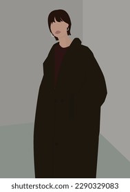 Vector flat image of a young girl in a long and loose coat. Autumn-spring mood. Design for postcards, avatars, posters, backgrounds, templates, banners, textiles.