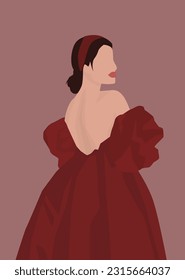 Vector flat image of a young girl in a bright dress. A brown-haired woman with a rim on her head and a fluffy dress. Burgundy bright dress with postcard back. Design for avatars, templates, posters.