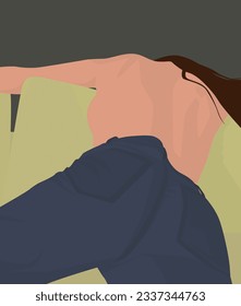 Vector flat image of a young girl with long brown hair. Illustration of a girl in jeans sitting with her back on a light green sofa. Design for avatars, background posters, textiles, postcards.