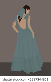 Vector flat image of a young girl in a long blue sundress. Illustration of a brown-haired woman with a blue bow in her hair. Design for avatars, posters, backgrounds, templates, banners, textiles, pos