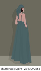 Vector flat image of a young girl in summer clothes. Lady in a long free sundress and scarf. Design for postcards, avatars, posters, backgrounds, templates, banners, textiles.