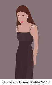 Vector flat image of a young girl with brown long hair. Girl in a burgundy dress. Design for avatars, posters, backgrounds, templates, banners, textiles, postcards.