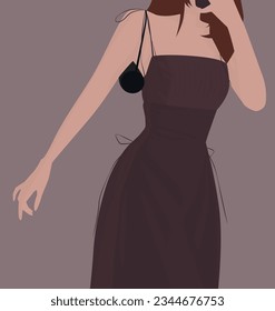 Vector flat image of a young girl with a bag. Brown-haired woman in a summer light sundress. Design for postcards, posters, backgrounds, templates, banners, textiles.