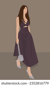 Vector flat image of a young girl with long hair. Lady in a long sundress in shoes and with a bag. Design for avatars, posters, backgrounds, templates, banners, textiles, postcards.