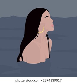 Vector flat image of a young girl with dark hair and gold hoop earrings. Design for avatars, cards, posters, backgrounds, templates, textiles.