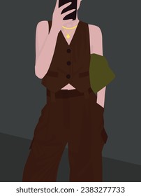Vector flat image of a young girl in a brown suit with pants and a vest. With a green bag and gold jewelry. Design for avatars, posters, backgrounds, templates, banners, textiles, cards.