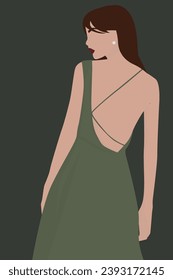 Imagen plana vectorial de una joven en un vestido con la espalda abierta. Señora de pelo largo. Diseño para tarjetas, carteles, fondos, plantillas, carteles, textiles, avatares.