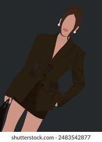 Vector flat image of a young girl in a suit. Brunette in a skirt, jacket and with a bag. Design for avatars, posters, backgrounds, templates, banners, textiles, postcards.