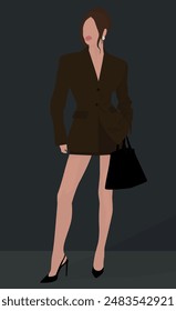 Vector flat image of a young girl in a suit. Brunette in a skirt, jacket and with a bag. Design for avatars, posters, backgrounds, templates, banners, textiles, postcards.