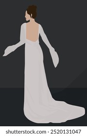 Vector flat image of a young girl with red lips. Brunette in a long white dress. Design for avatars, posters, templates, banners, postcards.