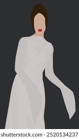 Vector flat image of a young girl with red lips. Brunette in a long light dress. Design for avatars, posters, backgrounds, templates, textiles.