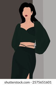 Vector flat image of a young girl standing near the wall. Brunette in a green skirt and blouse. Design for avatars, posters, backgrounds, templates, banners, textiles, postcards.